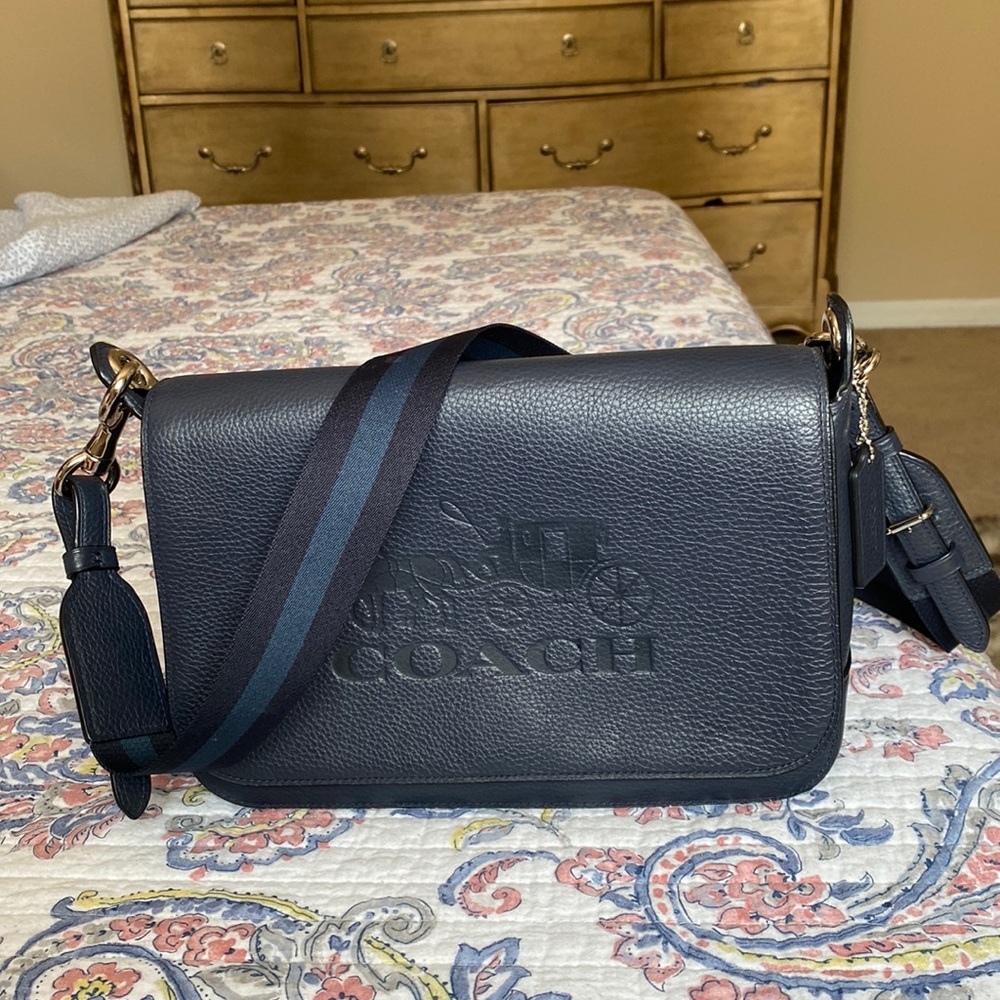 Coach pebble leather crossbody bag in navy blue color